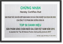 Top 50 danh hiệu sản phầm vàng chăn nuôi gia cầm Việt Nam 2016 cho sản phẩm 2000S